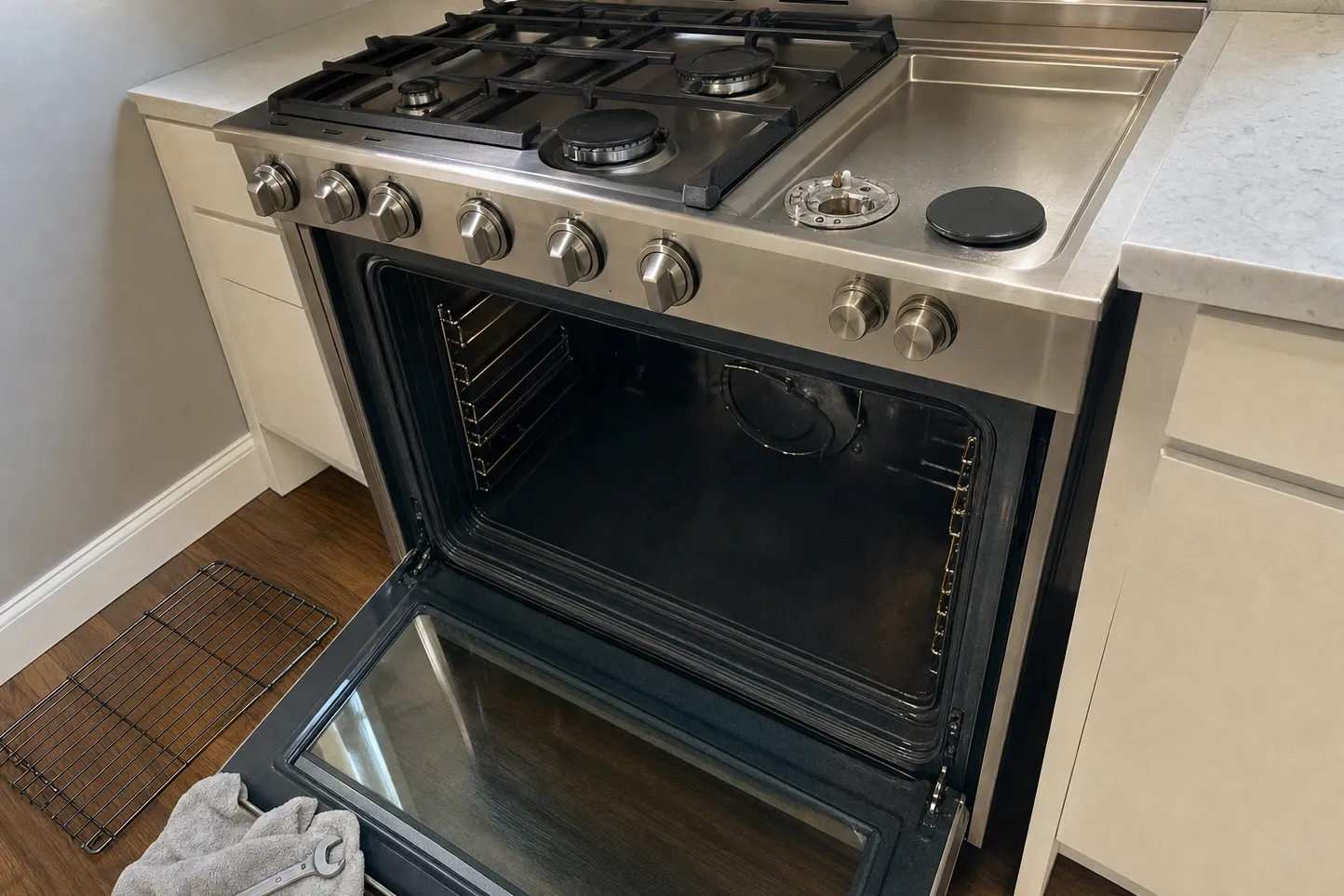 Stainless gas range with the oven door open and one burner cap lifted off, showing the burner head underneath