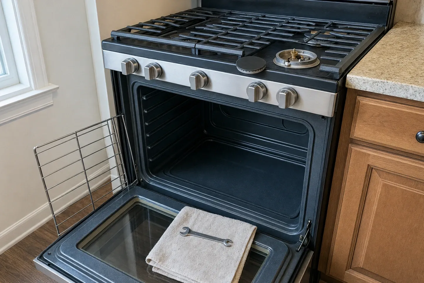 Gas range beside a window, oven door open, one sealed burner uncapped with the brass orifice visible