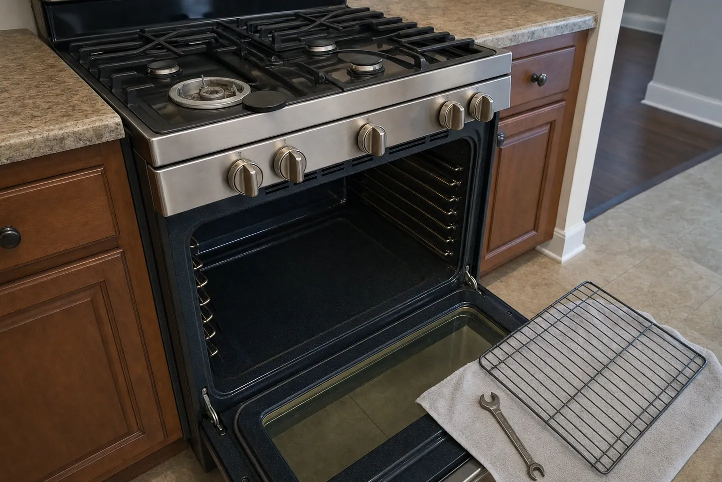 Gas range with the oven door open on an empty cavity, rack set down on a towel with a wrench beside it