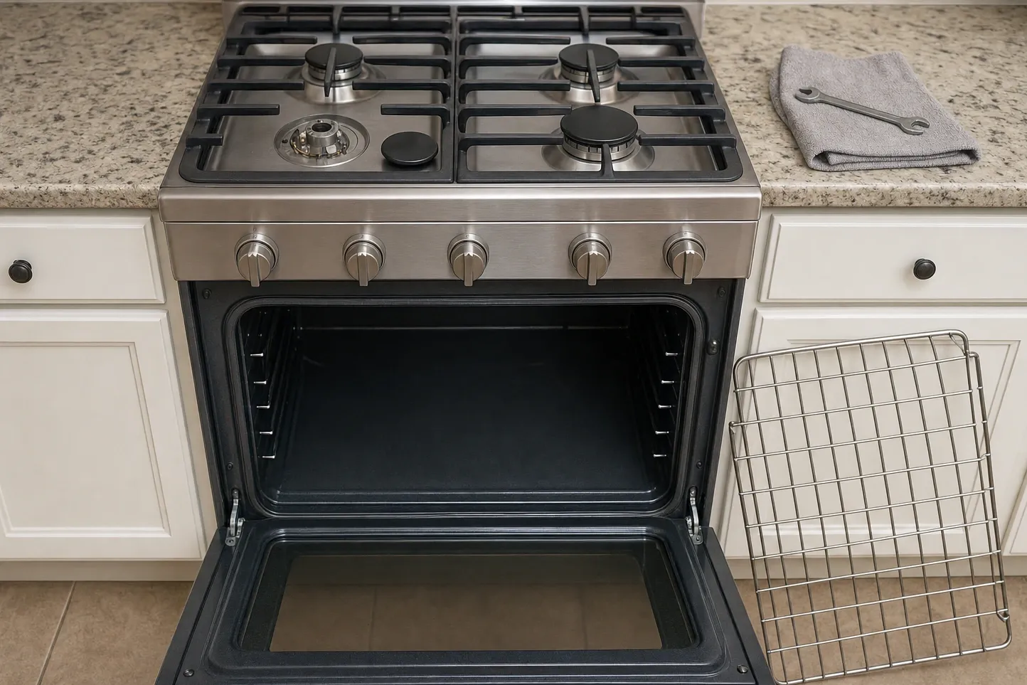 Stainless range straight on with the oven door lowered, one burner cap lifted off and a wrench folded into a towel on the counter