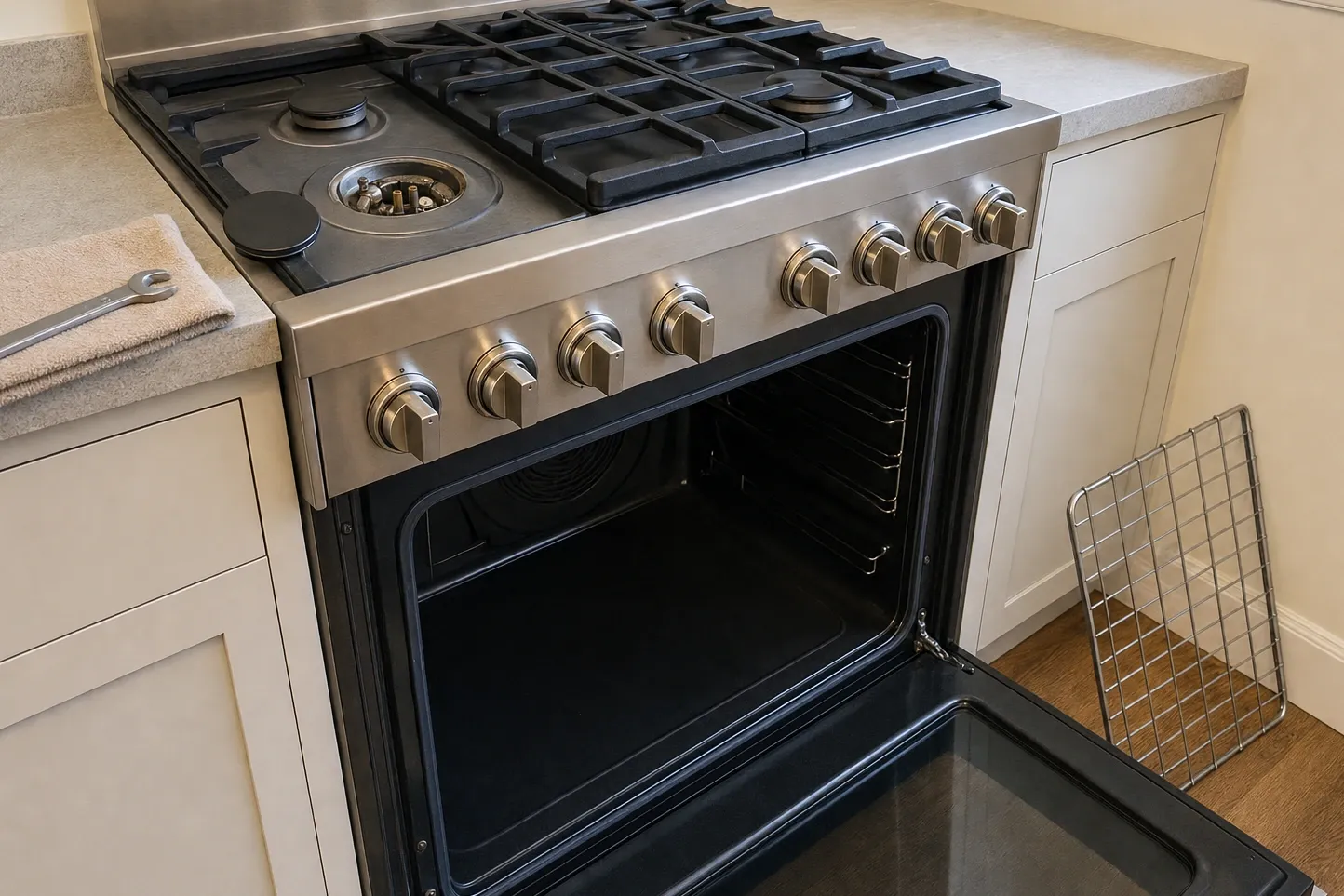 Slide-in range seen from above the left, the front burner cap lifted onto the counter and the burner head and its electrodes standing open