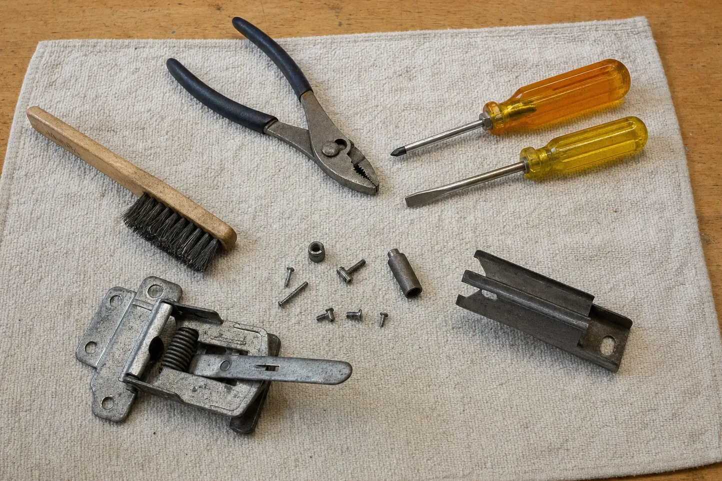 Canvas cloth holding a wooden-handled wire brush, slip-joint pliers, two screwdrivers, a door hinge with its coil spring and a steel channel bracket