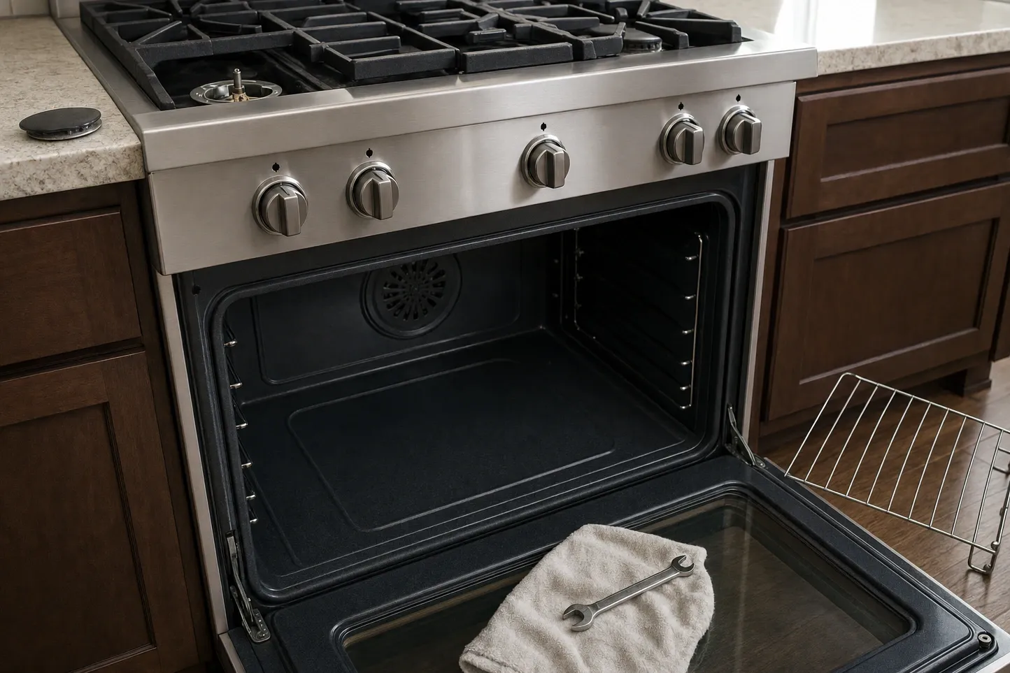 Oven cavity in a dark-wood kitchen with the round convection fan cover on the back wall and a wrench folded into a towel on the open door
