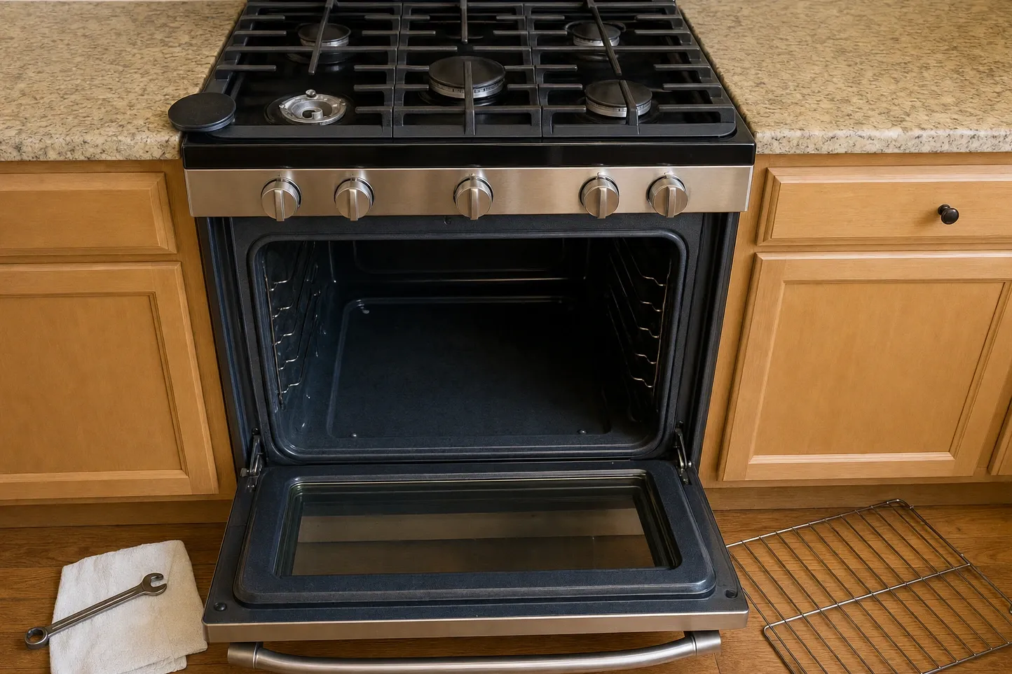Range between honey-oak cabinets with the oven door dropped flat and one cooktop burner uncapped over its brass orifice