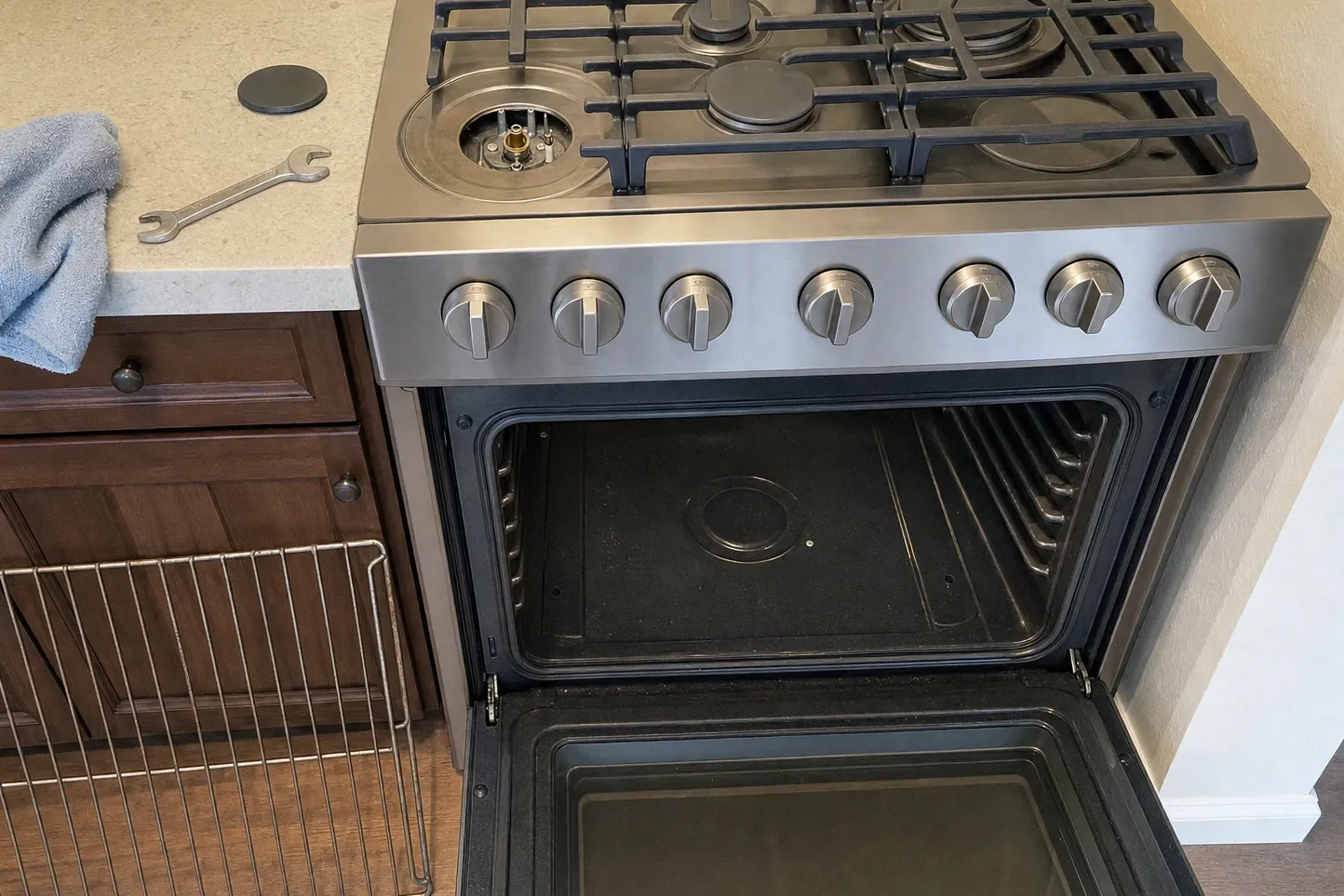 Seven-knob stainless range with the oven door open on a cavity floor cover, one burner uncapped over its electrode assembly