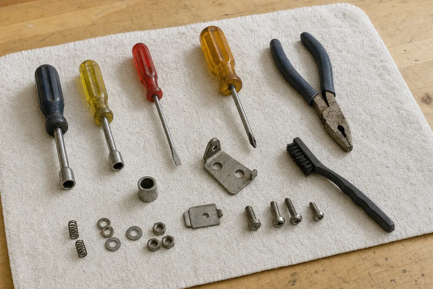 Two nut drivers, a flat and a cross screwdriver, lineman pliers and a wire brush around an angle bracket, a spring, nuts and washers