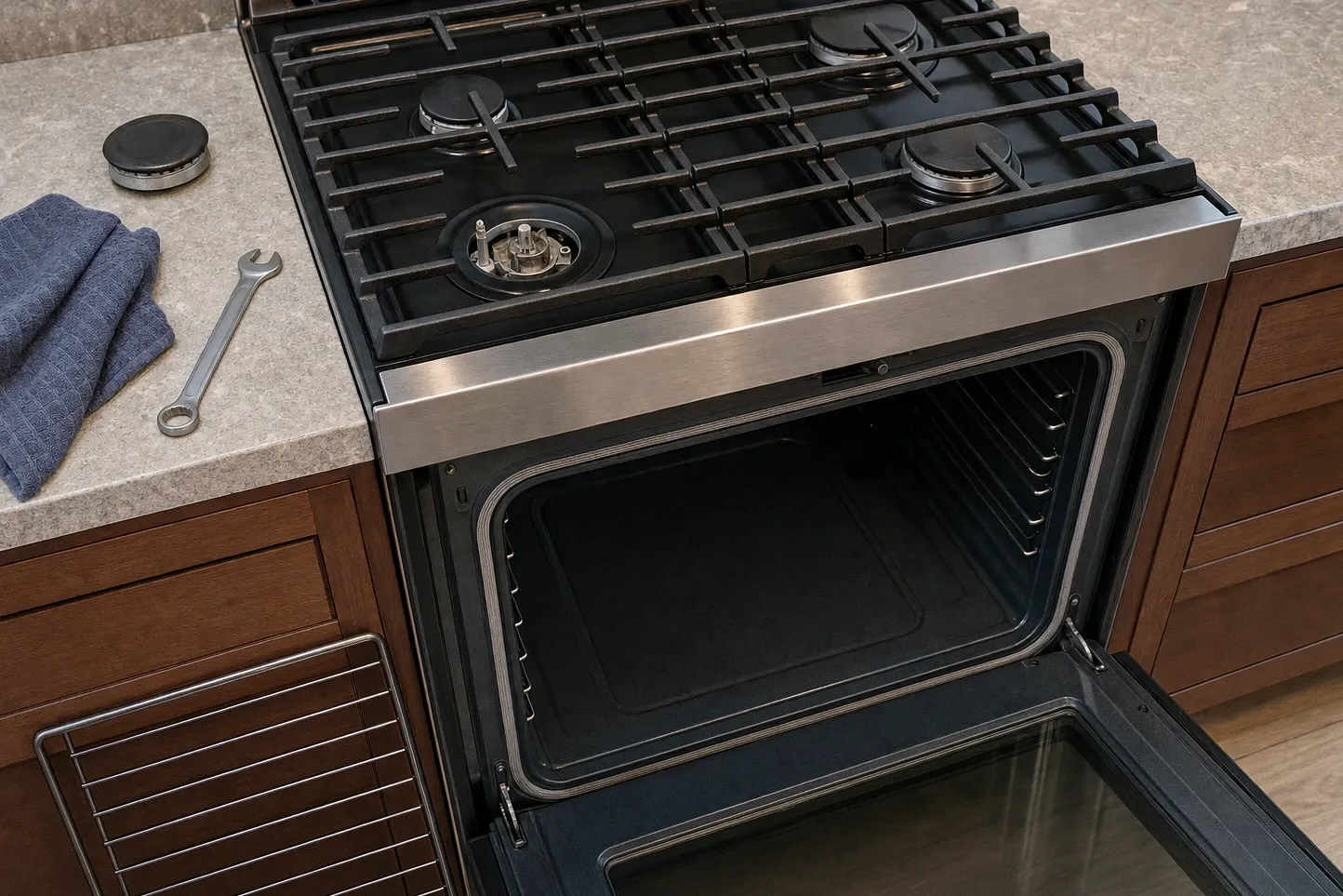 Cooktop under continuous cast grates from above the right, one burner uncapped with its electrode clear and the cap on the counter