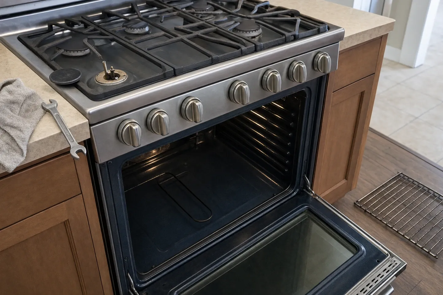 Range at an angle over a tile floor, oven door open on the rack rails and bake element, one burner uncapped beside its lifted cap