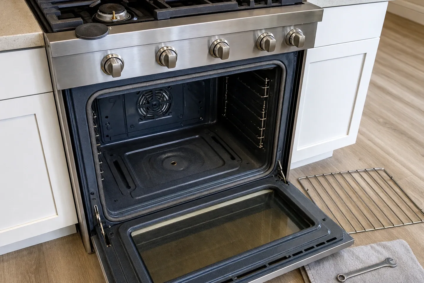 Oven cavity in a white-cabinet kitchen with the round convection fan cover high on the back wall and the flat bottom cover below it