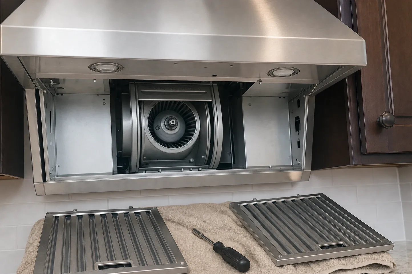 Wall-mounted chimney hood with the lower panel removed, the squirrel-cage blower wheel exposed between the lamps and both baffles on the counter