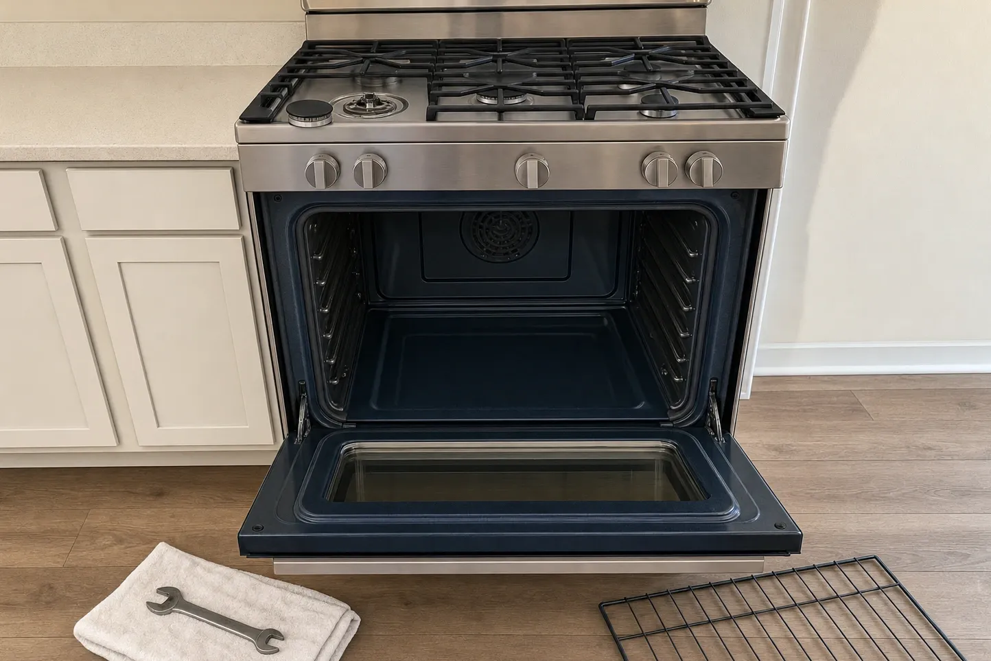 Range straight on in a white-cabinet kitchen with the oven door lowered flat and the convection fan cover centred on the back wall